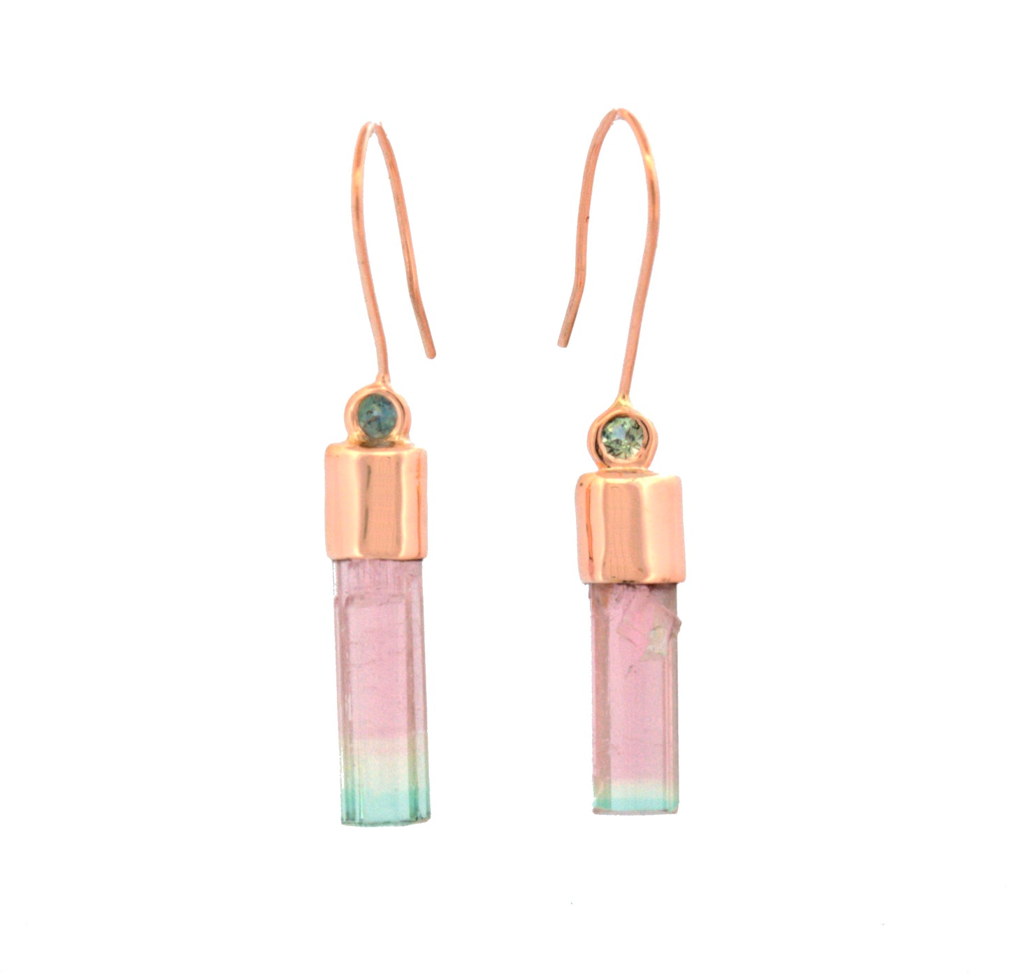 raw tourmaline sapphire rose gold earrings