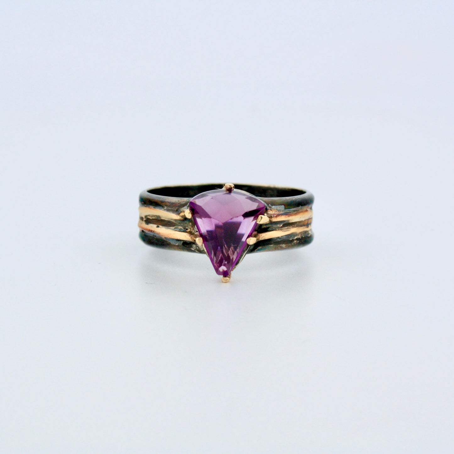 Oxidized Sterling Silver with Gold and Amethyst Cigar Ring