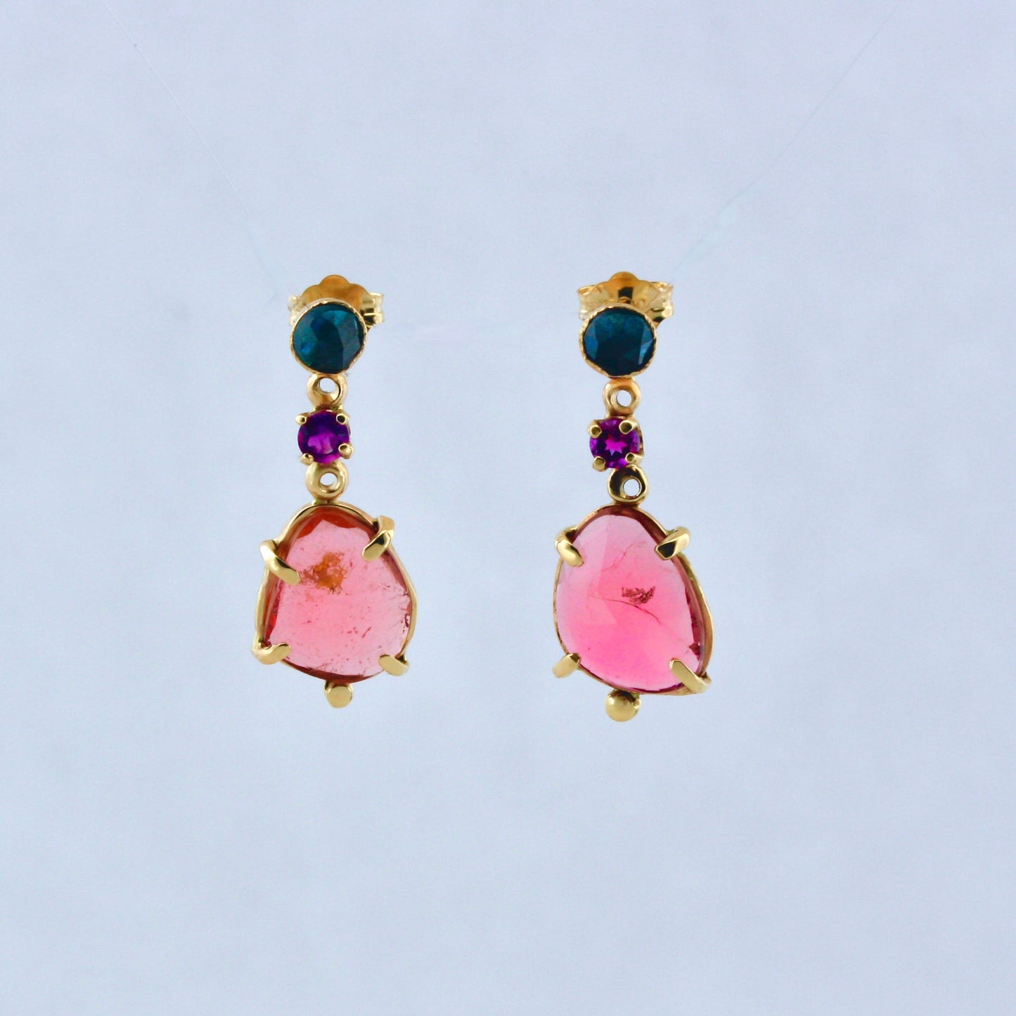 14k gold tourmaline, sapphire, amethyst earrings