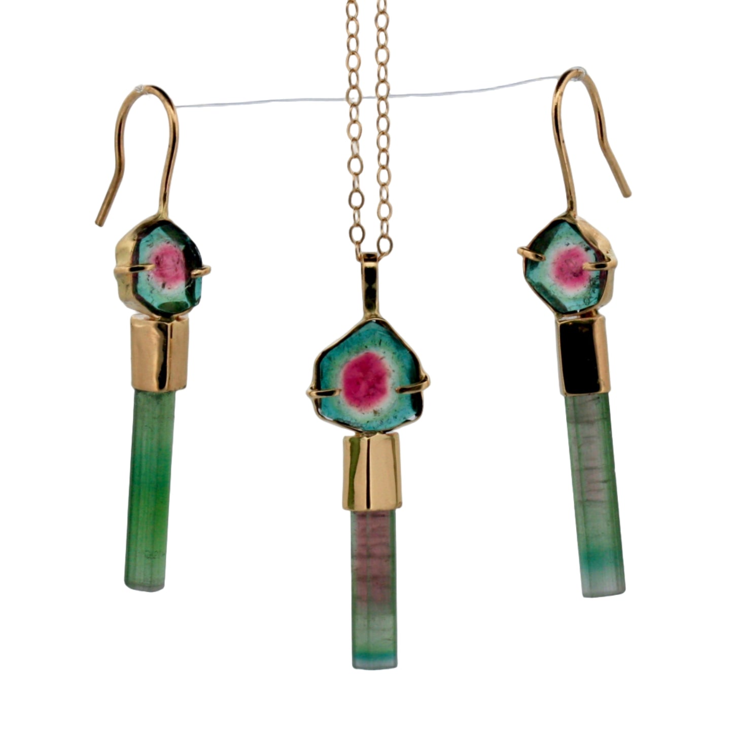 Teal & Pink Raw Tourmaline Gold Earrings