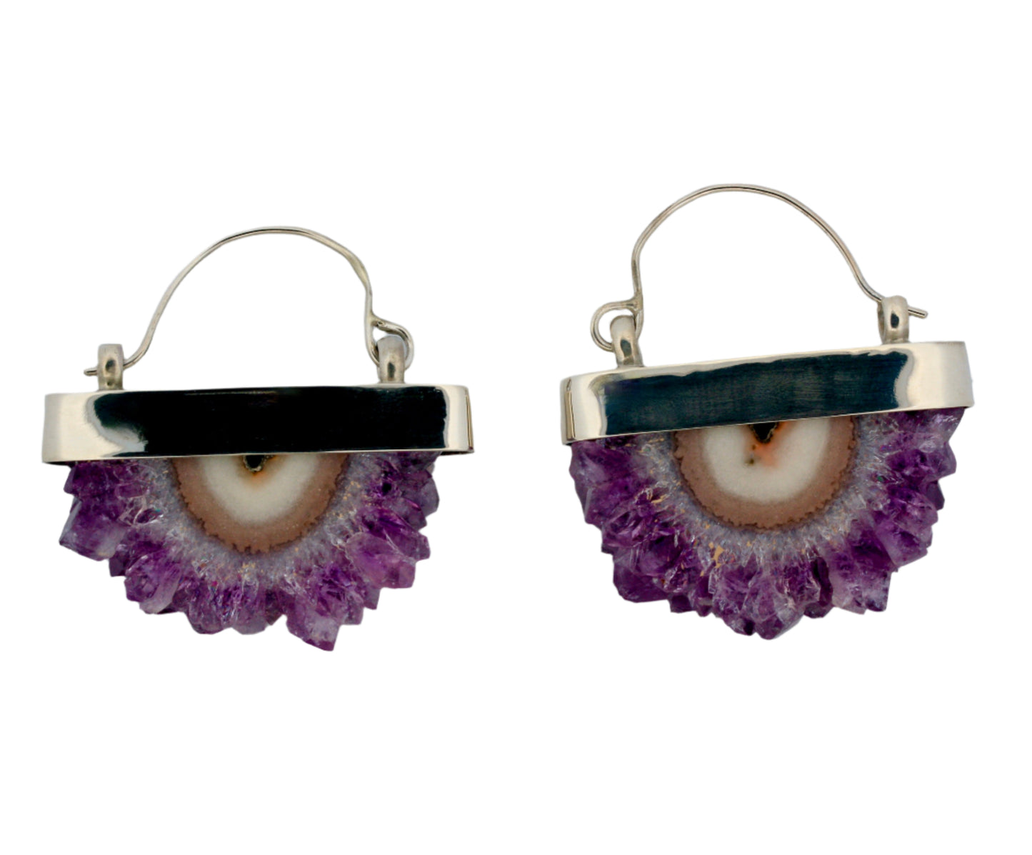 raw amethyst half round silver earring hoops