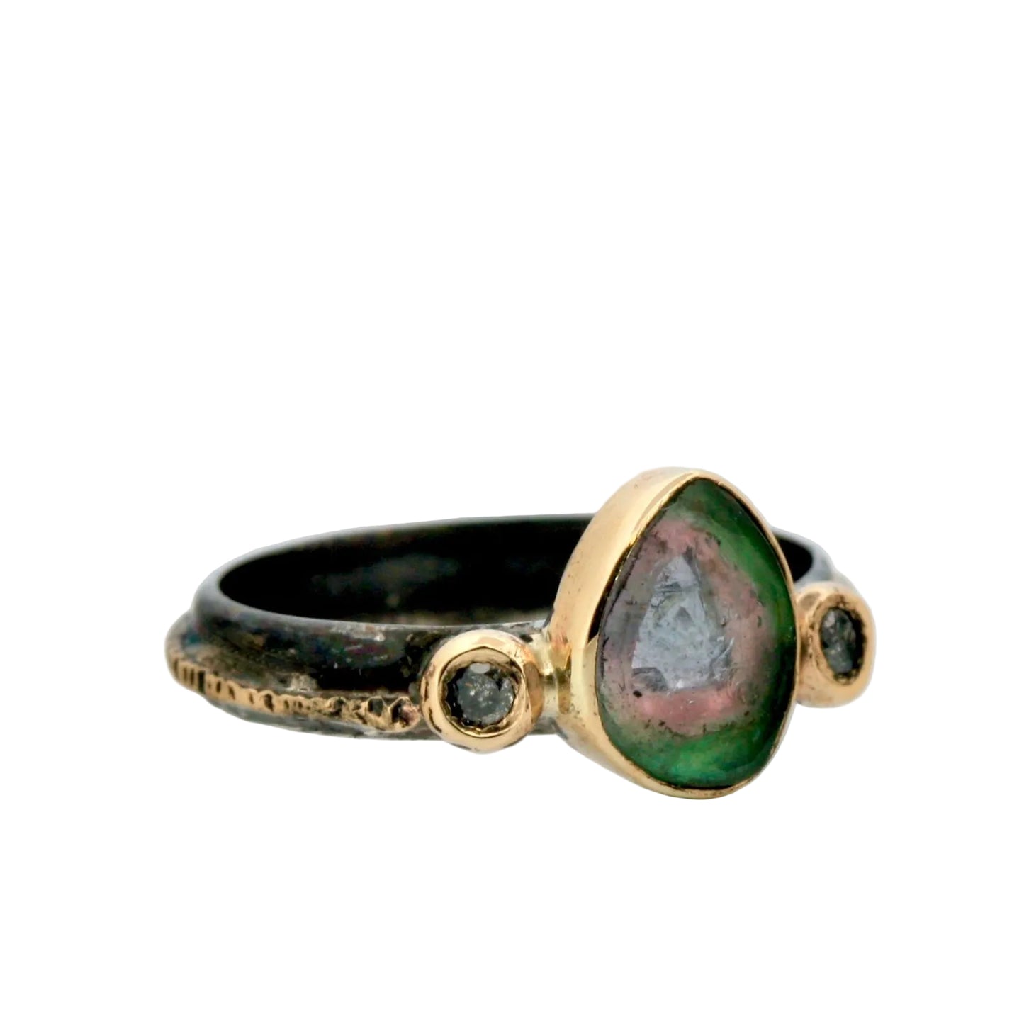 Oxidized Sterling Silver & 14k Gold with Multi-Color Tourmaline & Diamond Ring