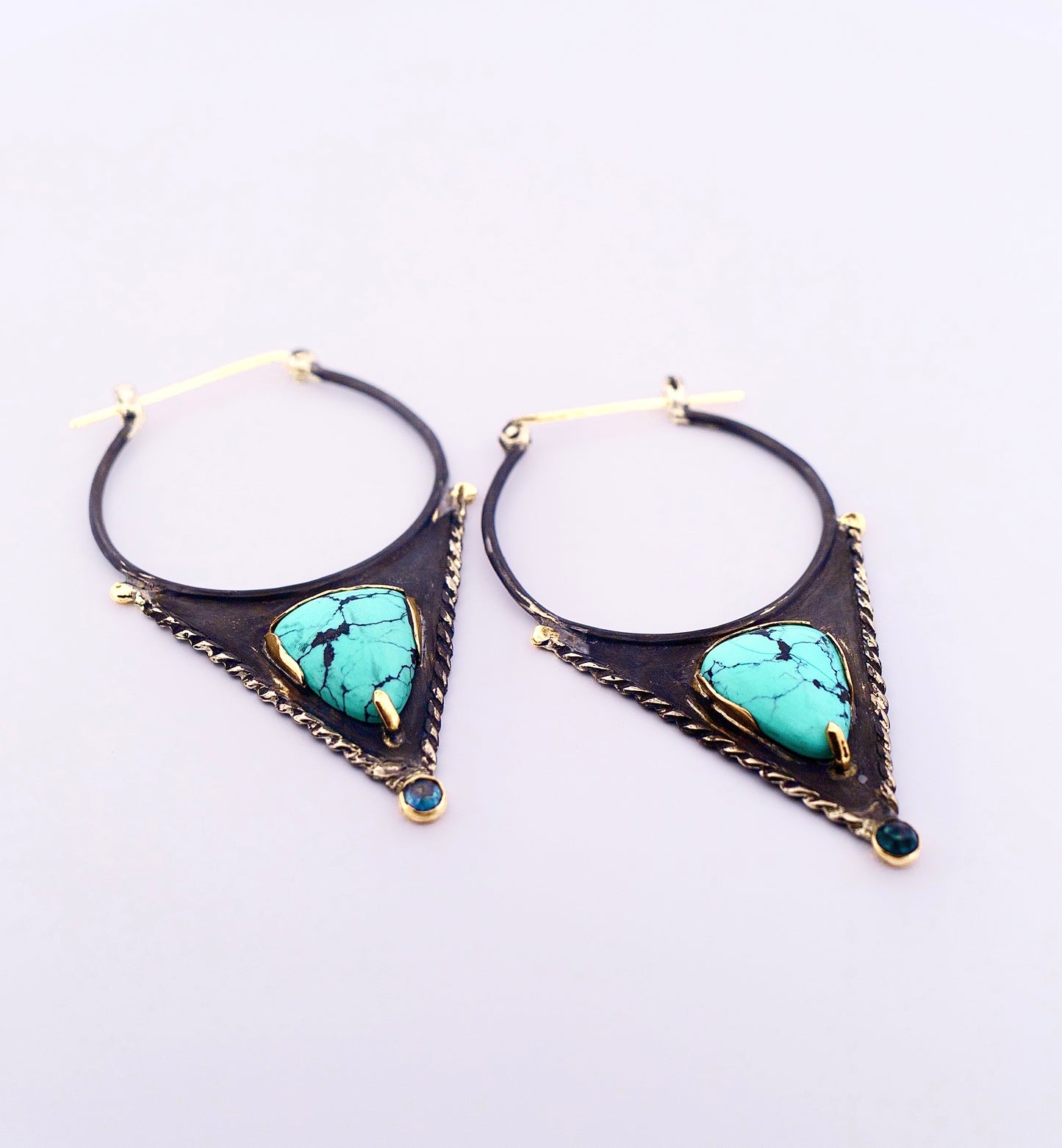 Turquoise & Silver Triangle Hoop Earrings