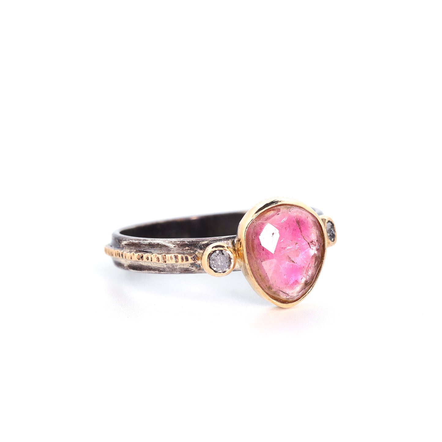 Oxidized Sterling Silver, Gold, & Pink Tourmaline Ring