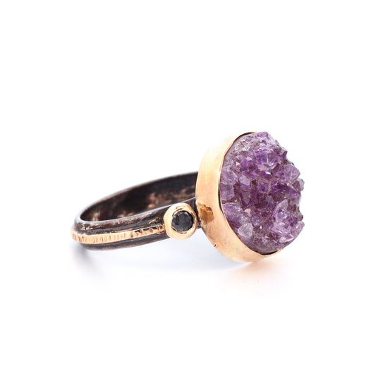 14k Gold and Sterling Silver, Amethyst, and Black Diamond Ring
