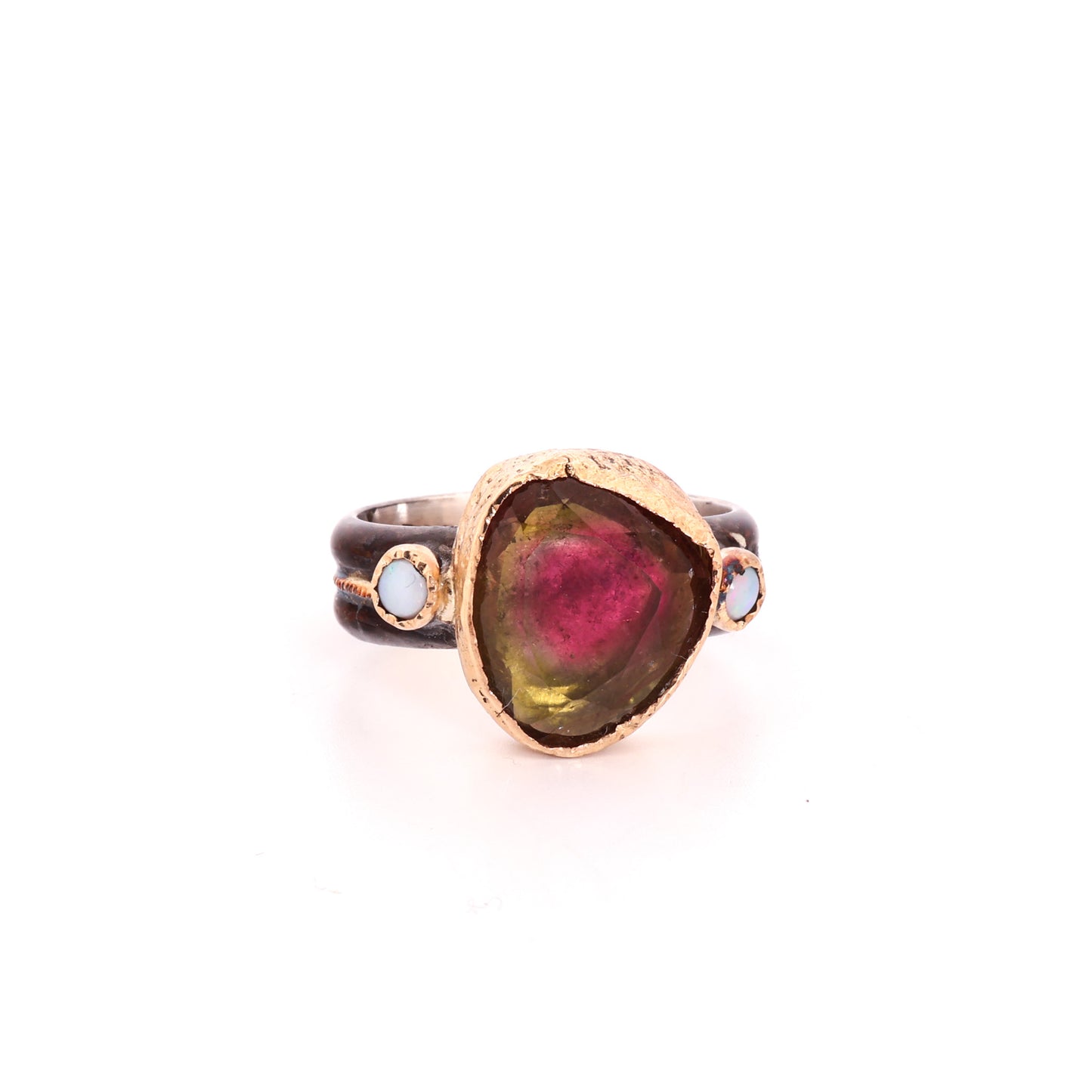 Watermelon Tourmaline, Opal 14k Gold & Blackened Sterling Silver Ring