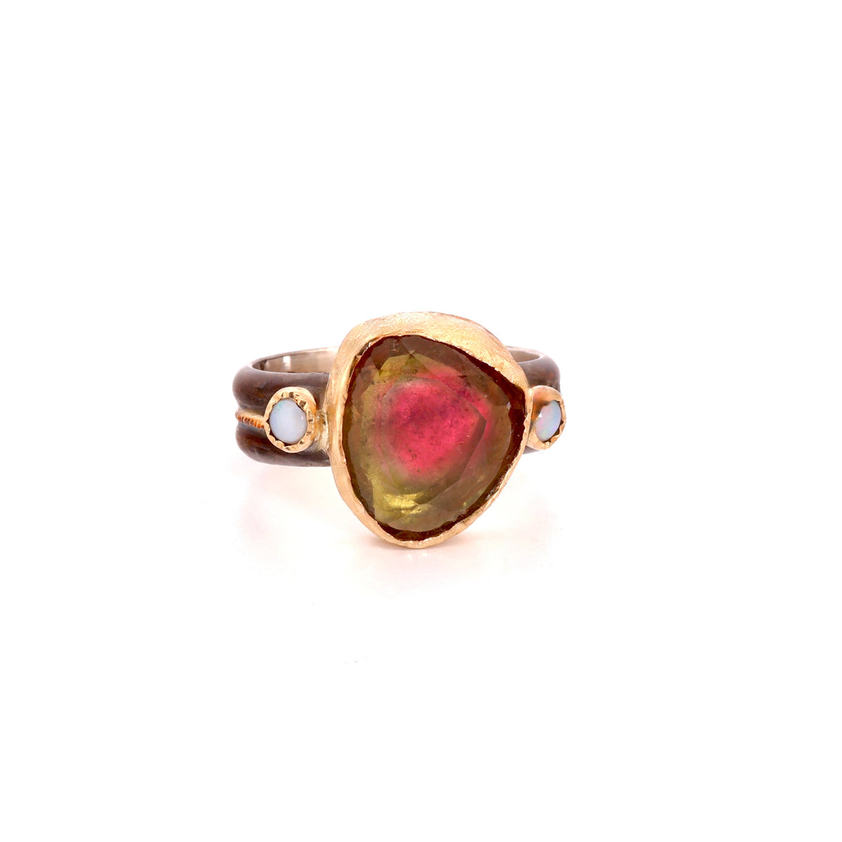 Watermelon Tourmaline, Opal 14k Gold & Blackened Sterling Silver Ring