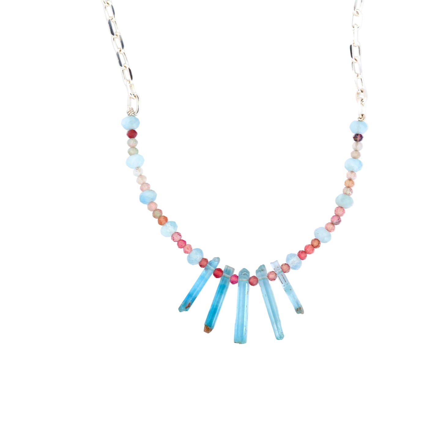 Raw Aquamarine & Pink Tourmaline Silver Beaded Necklace