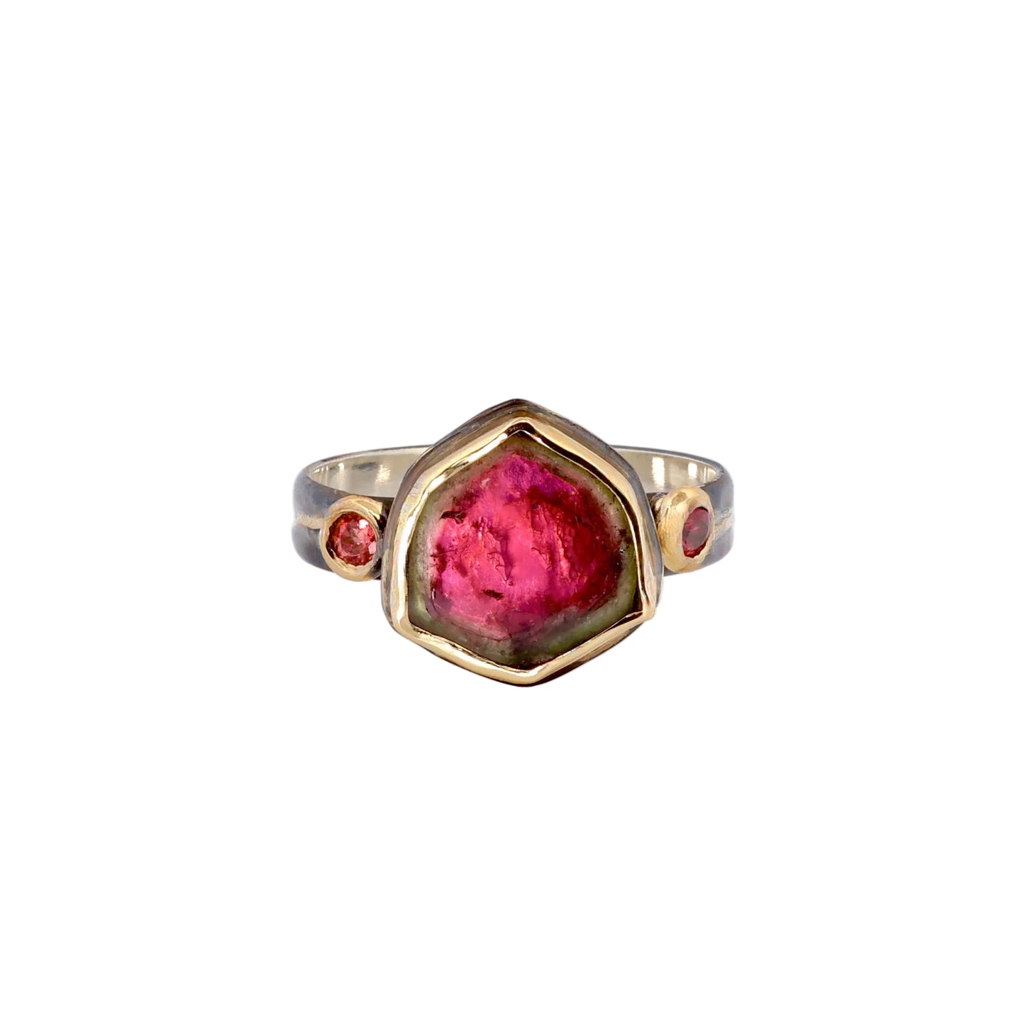 Watermelon Tourmaline in 14k gold and oxidized silver Ring