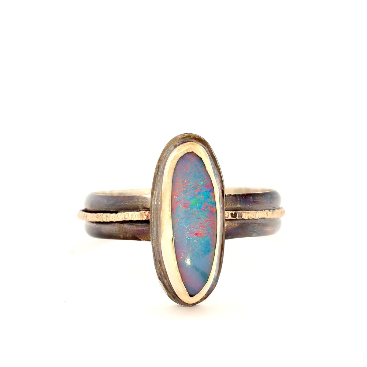 Black and gold long boulder opal ring