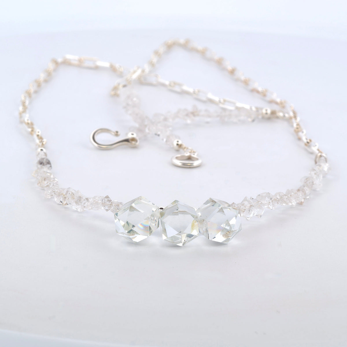 Clear quartz with raw herkimer diamond on sterling silver raw crystal necklace