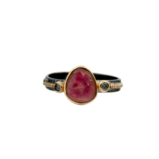 Oxidized Sterling Silver, Gold, & Pink Tourmaline Ring