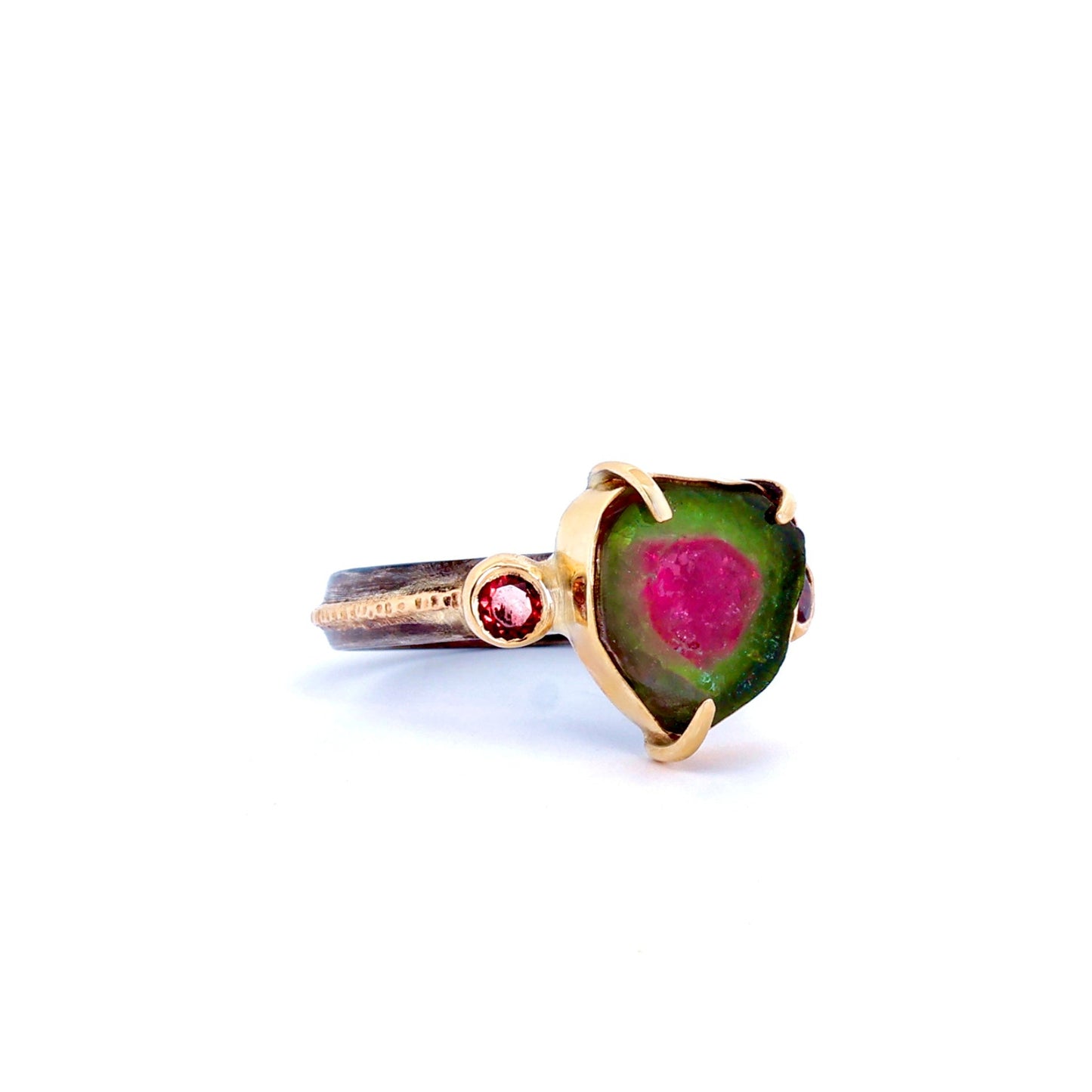 Oxidized Sterling Silver & 14k Gold Raw Watermelon Tourmaline Ring
