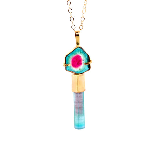 Teal & Pink Tourmaline 14k Gold Pendant