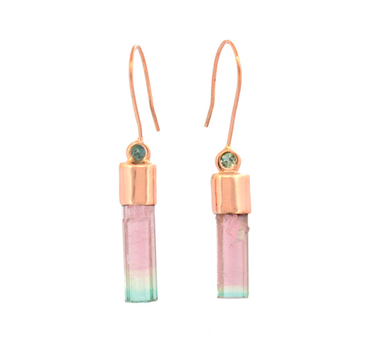 raw tourmaline sapphire rose gold earrings