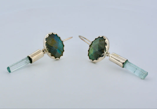 sterling silver aquamarine and labradorite hanging earrings