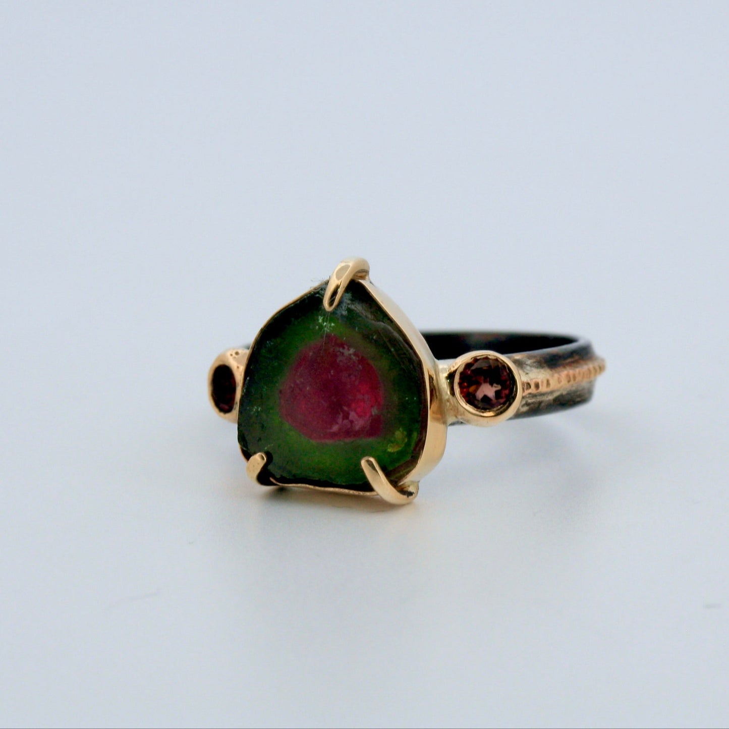 Oxidized Sterling Silver & 14k Gold Raw Watermelon Tourmaline Ring