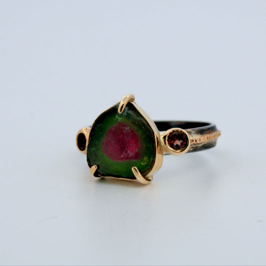 Oxidized Sterling Silver & 14k Gold Raw Watermelon Tourmaline Ring