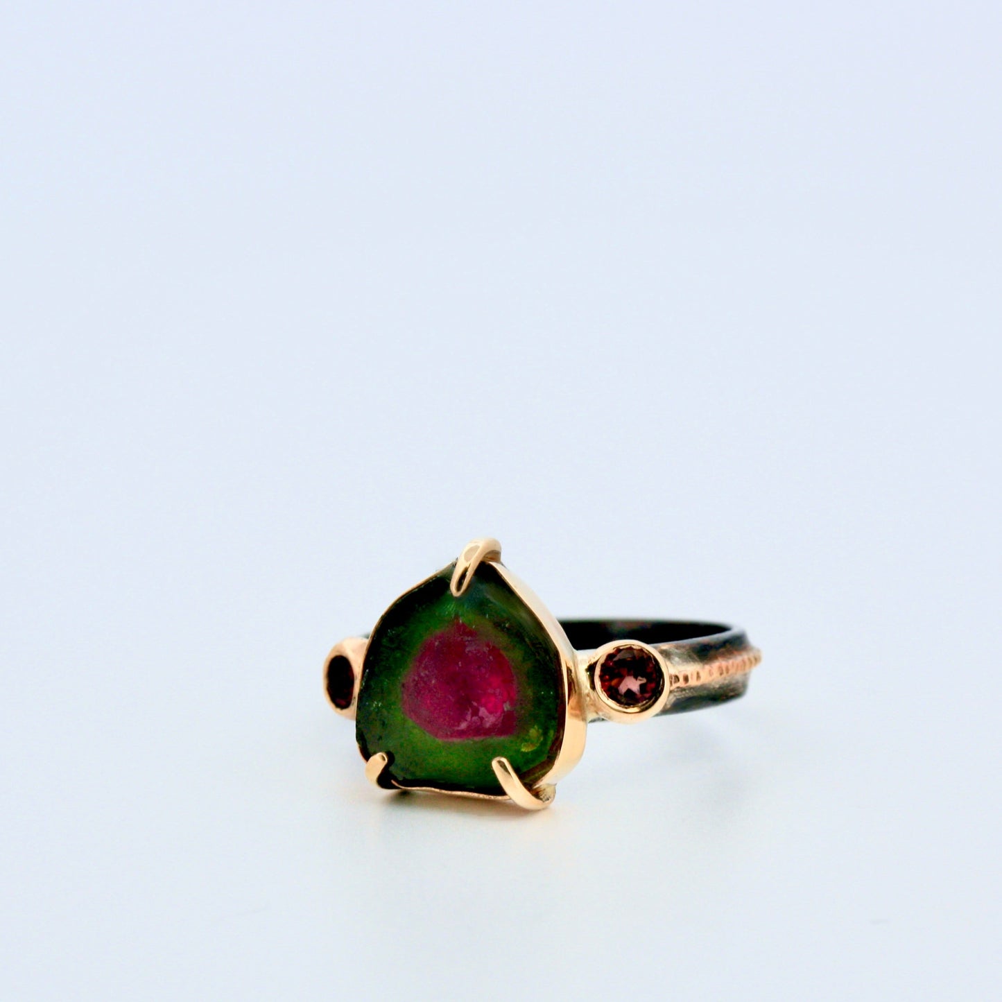 Oxidized Sterling Silver & 14k Gold Raw Watermelon Tourmaline Ring