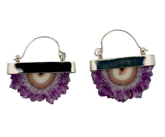 raw amethyst half round silver earring hoops