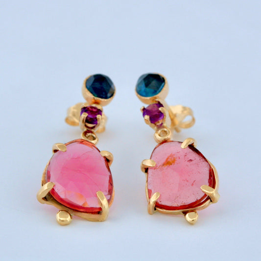 14k gold tourmaline, sapphire, amethyst earrings