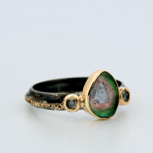 Oxidized Sterling Silver & 14k Gold with Multi-Color Tourmaline & Diamond Ring