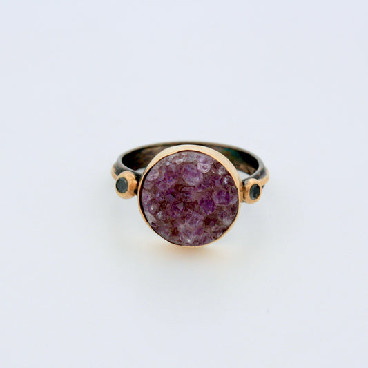 14k Gold and Sterling Silver, Amethyst, and Black Diamond Ring