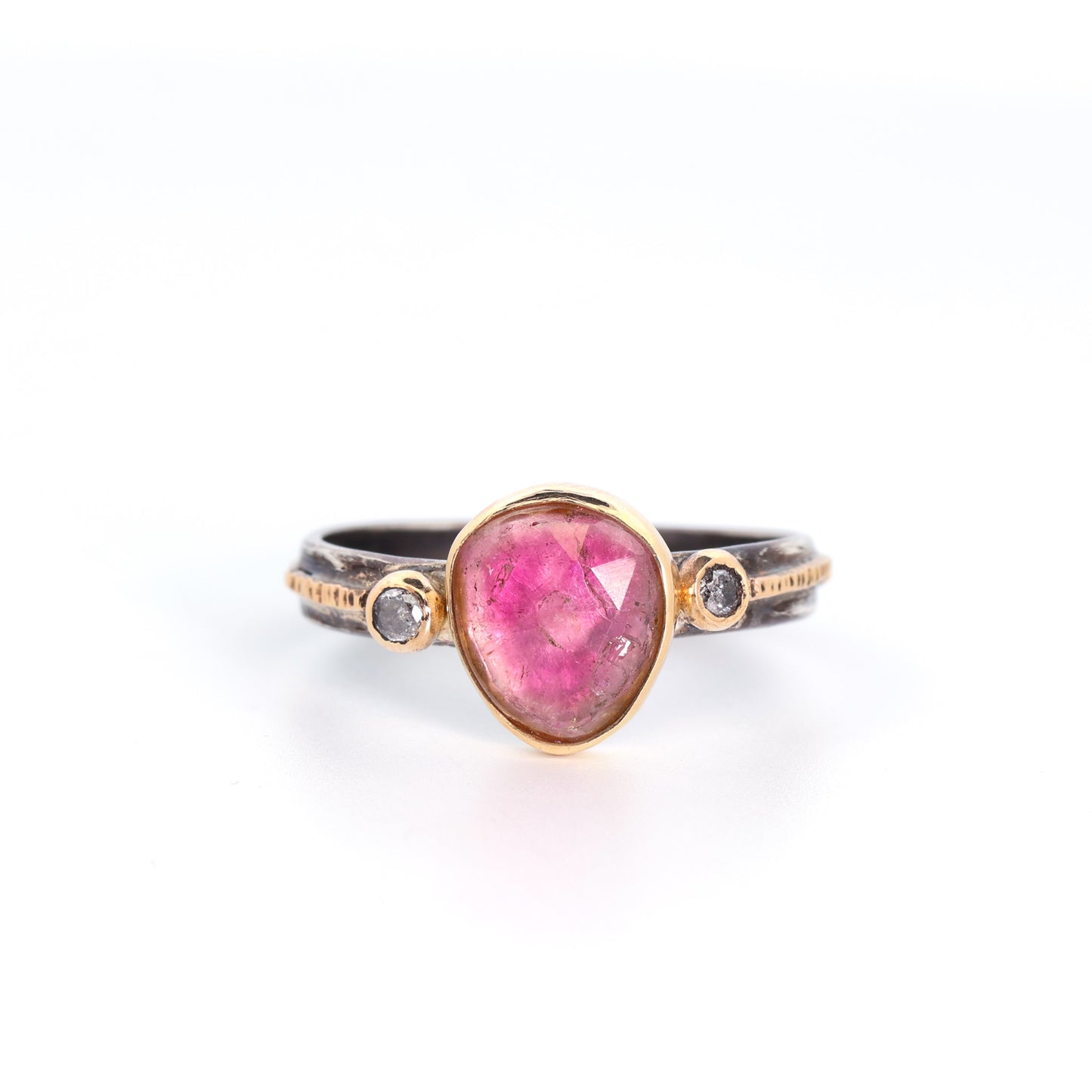 Oxidized Sterling Silver, Gold, & Pink Tourmaline Ring