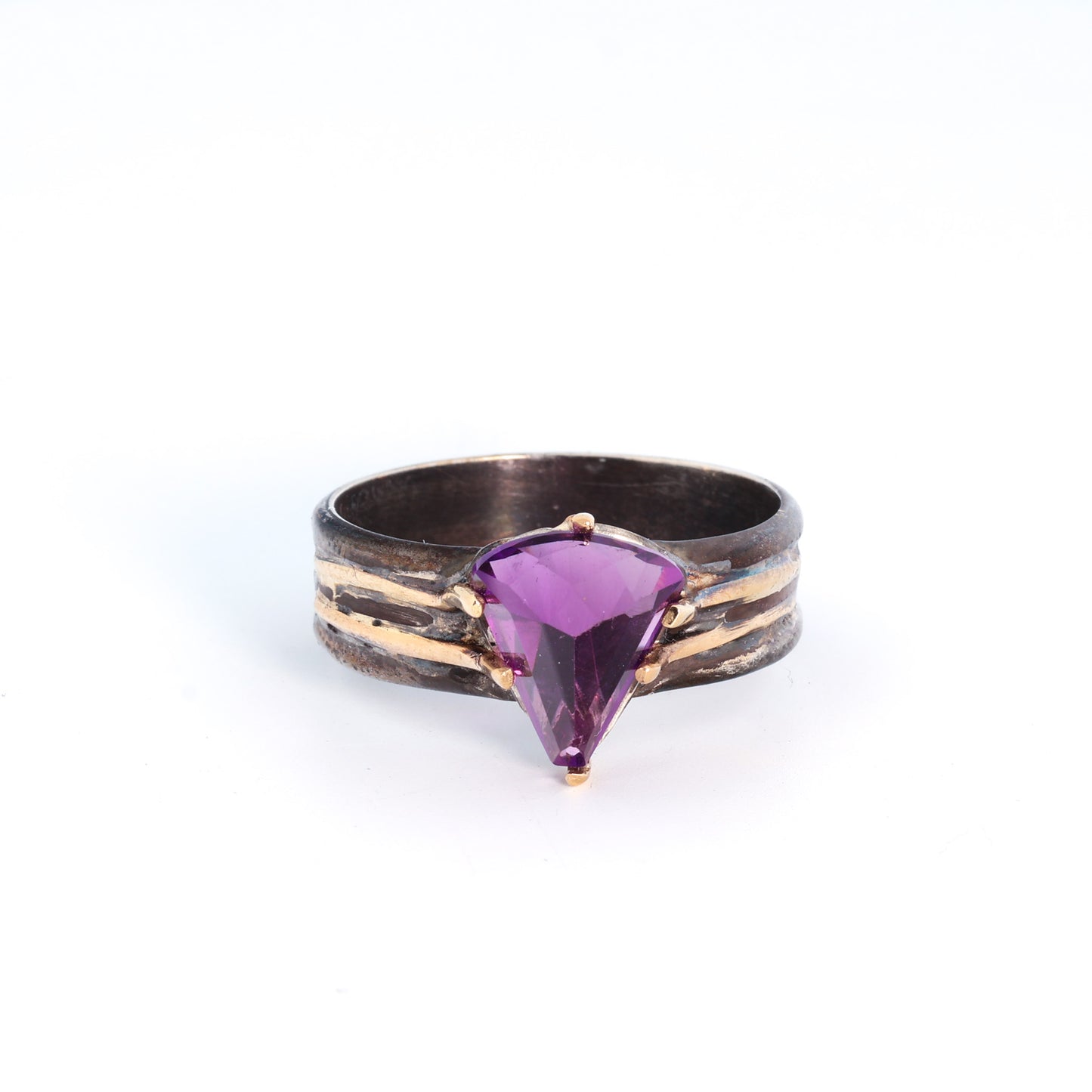 Oxidized Sterling Silver with Gold and Amethyst Cigar Ring