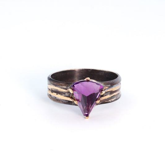 Oxidized Sterling Silver with Gold and Amethyst Cigar Ring