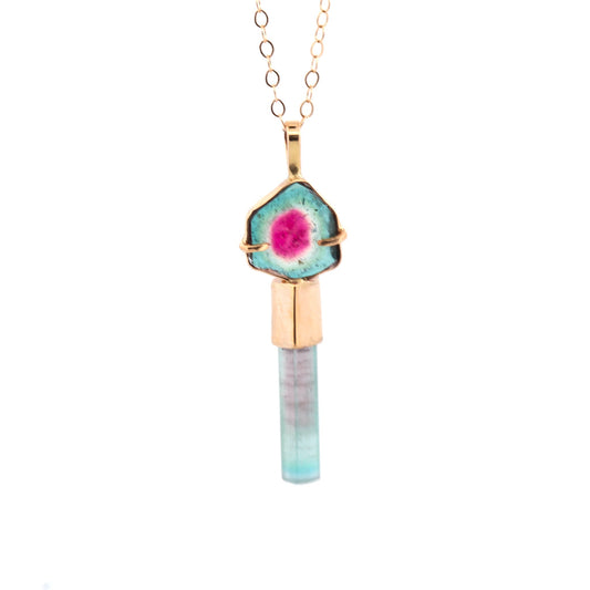 Teal & Pink Tourmaline 14k Gold Pendant