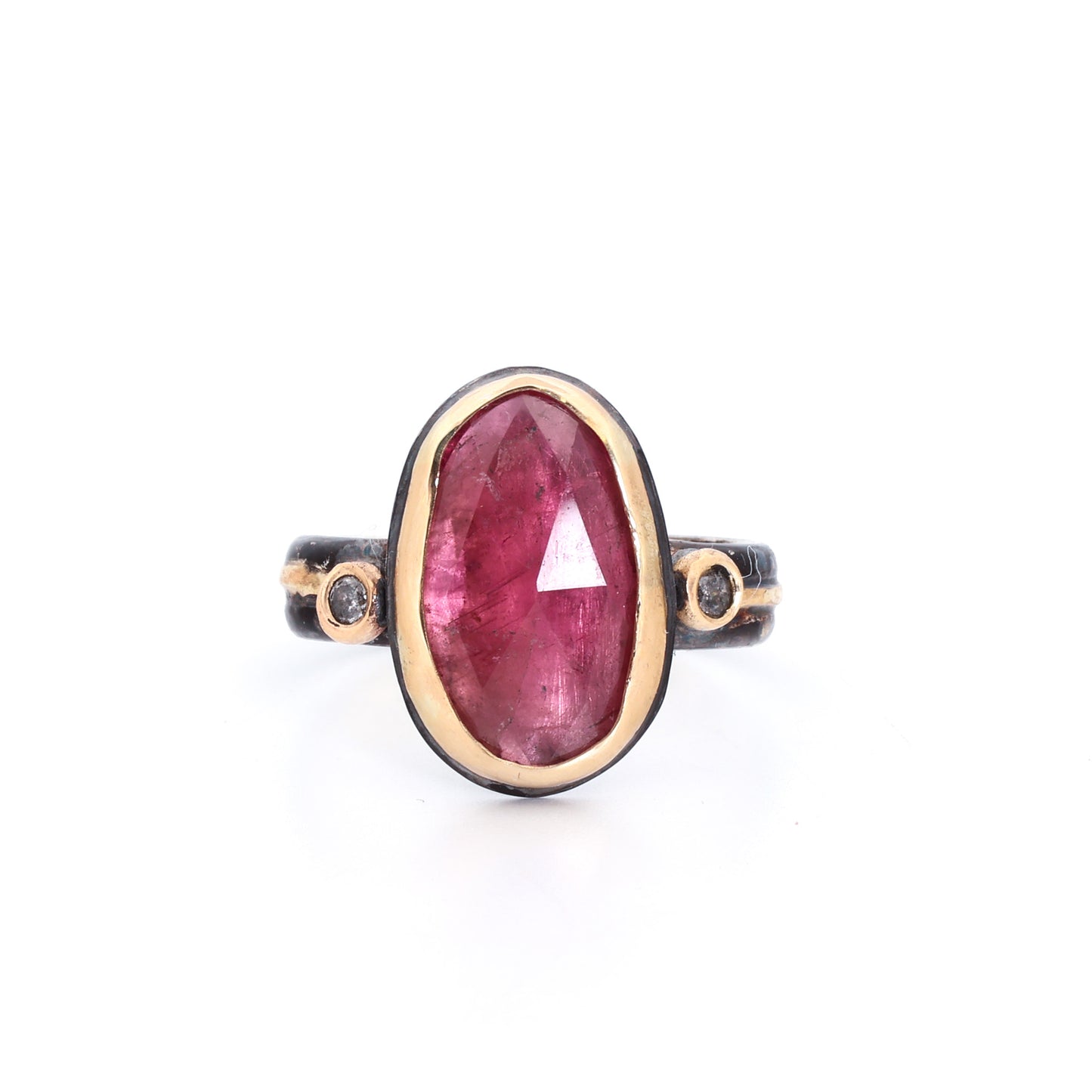 Rubellite Tourmaline & Diamond, 14k Gold & Blackened Sterling Silver Ring