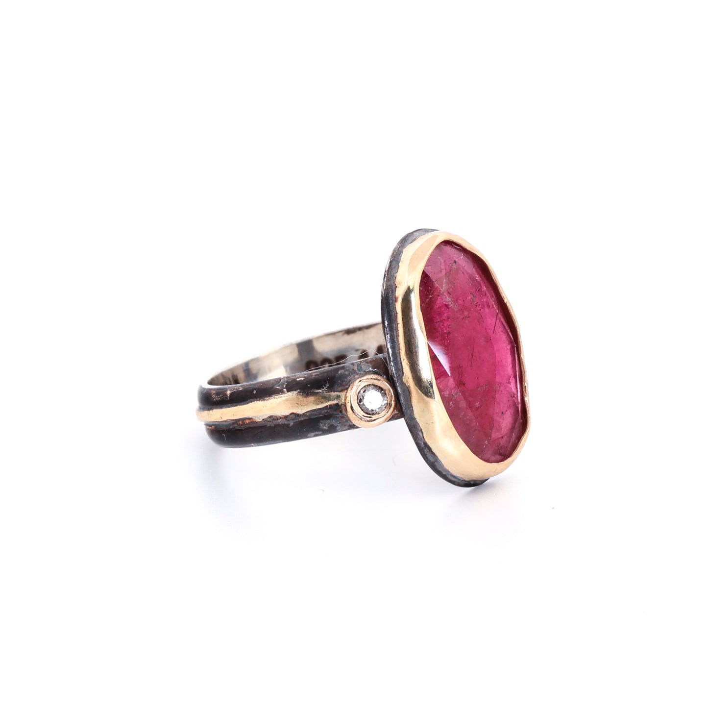 Rubellite Tourmaline & Diamond, 14k Gold & Blackened Sterling Silver Ring