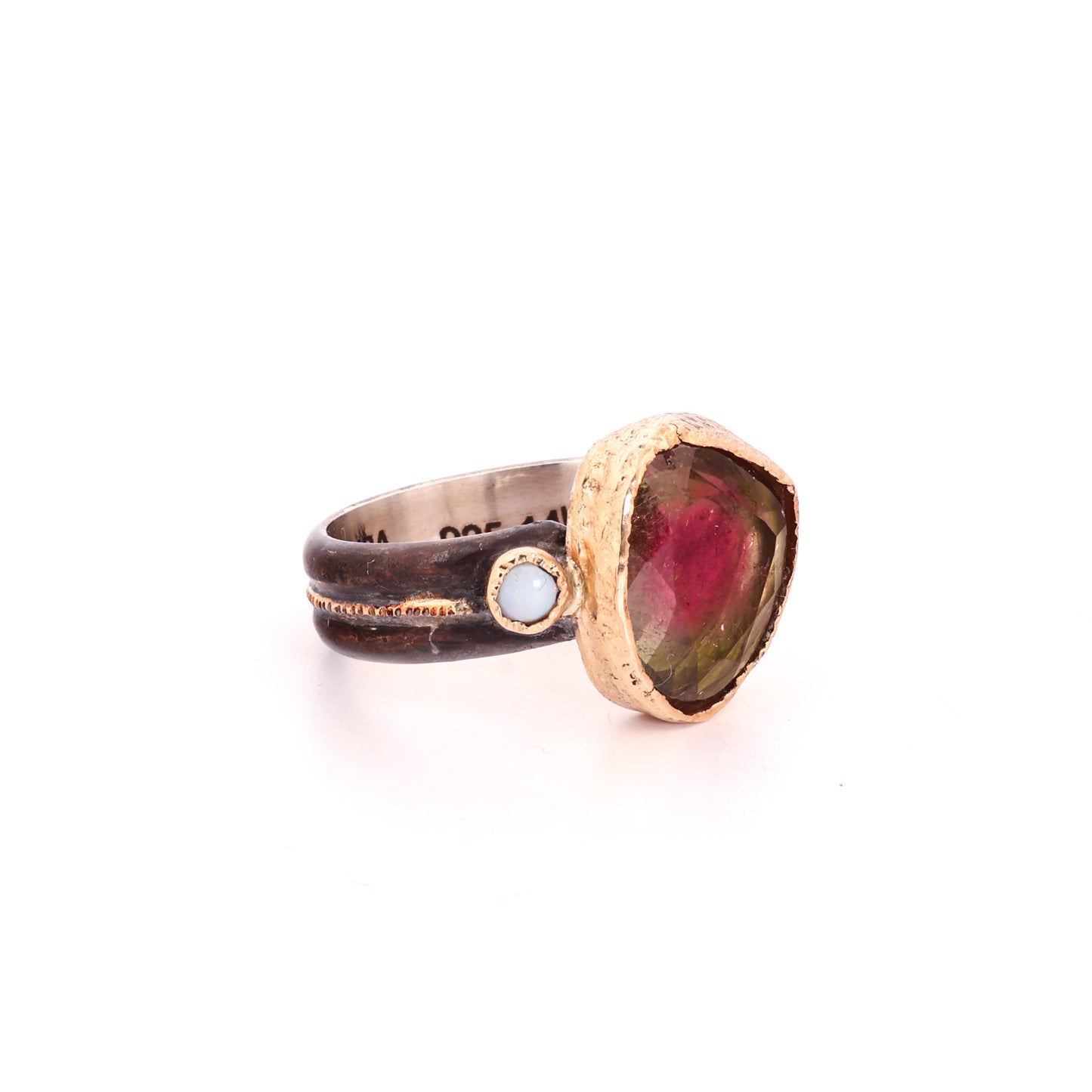 Watermelon Tourmaline, Opal 14k Gold & Blackened Sterling Silver Ring