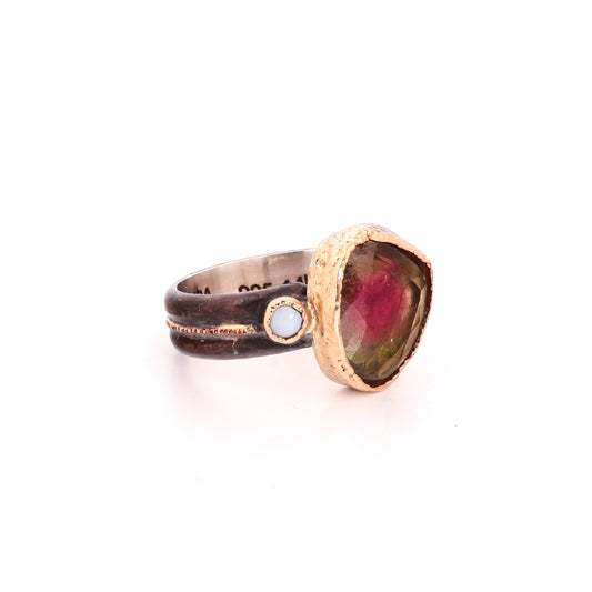 Watermelon Tourmaline, Opal 14k Gold & Blackened Sterling Silver Ring