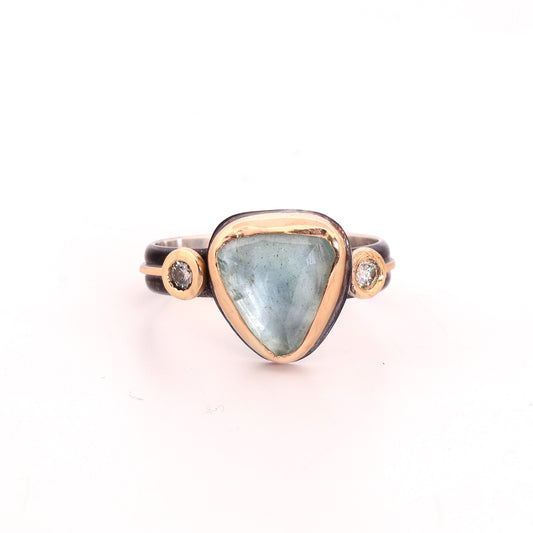 Aquamarine & Diamond, 14k Gold & Blackened Sterling Silver Ring