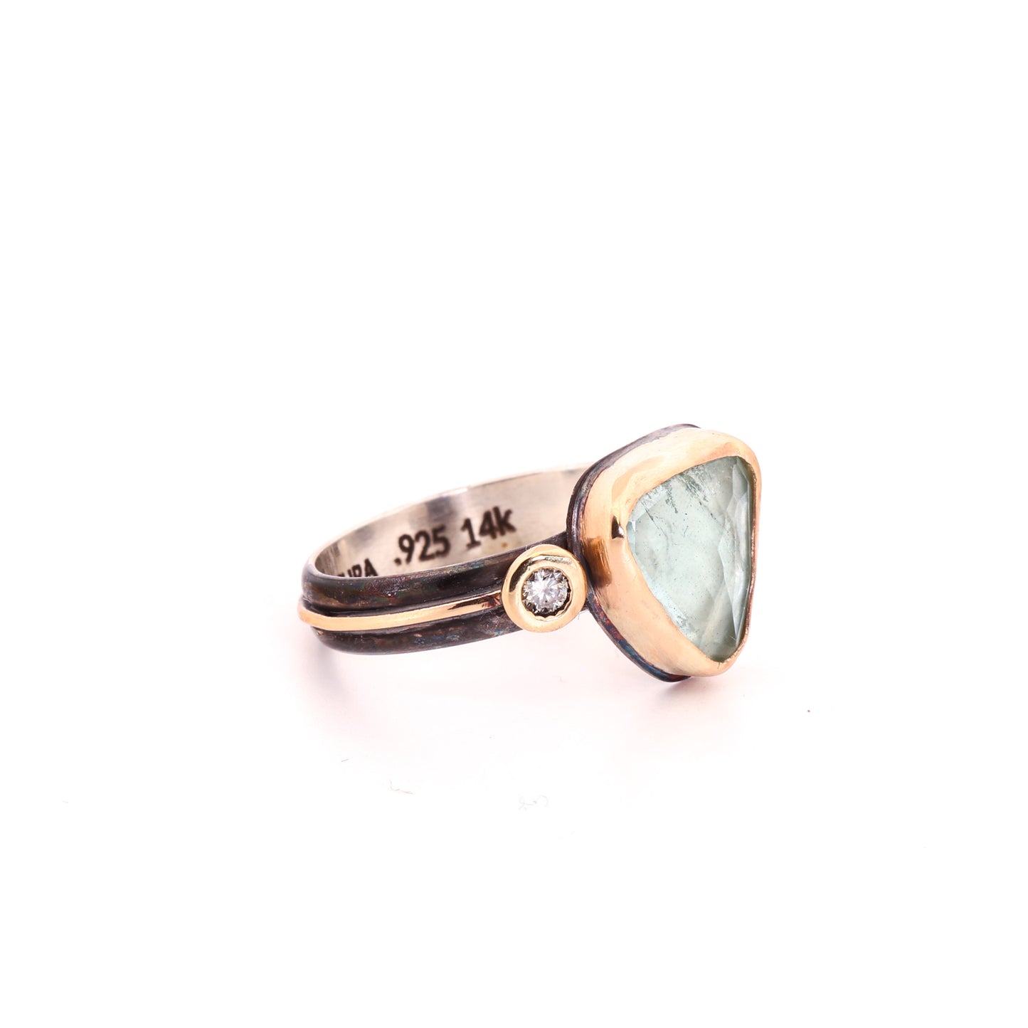 Aquamarine & Diamond, 14k Gold & Blackened Sterling Silver Ring