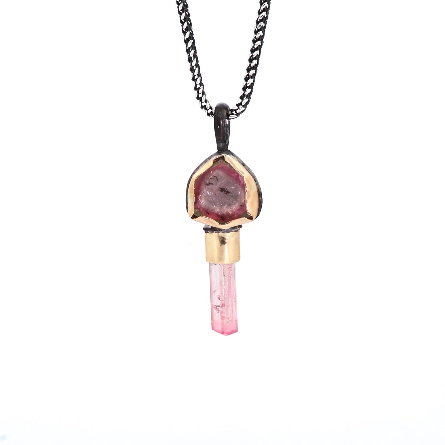 Light Pink Double Tourmaline Black & Gold Pendant
