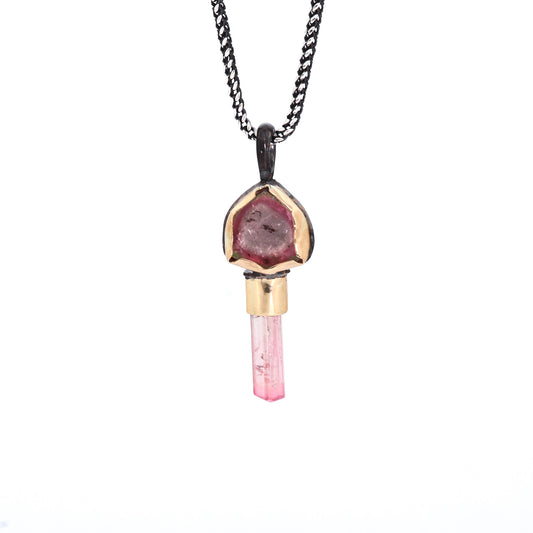 Light Pink Double Tourmaline Black & Gold Pendant