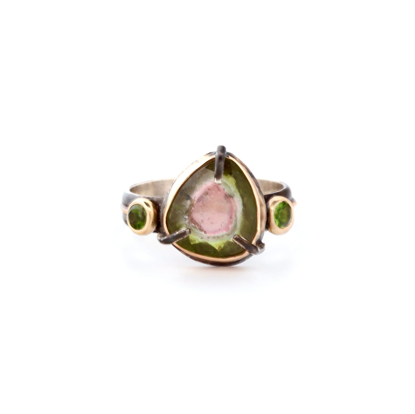 Olive & Pink Watermelon Tourmaline with Green Tourmaline Accent Black & Gold Ring