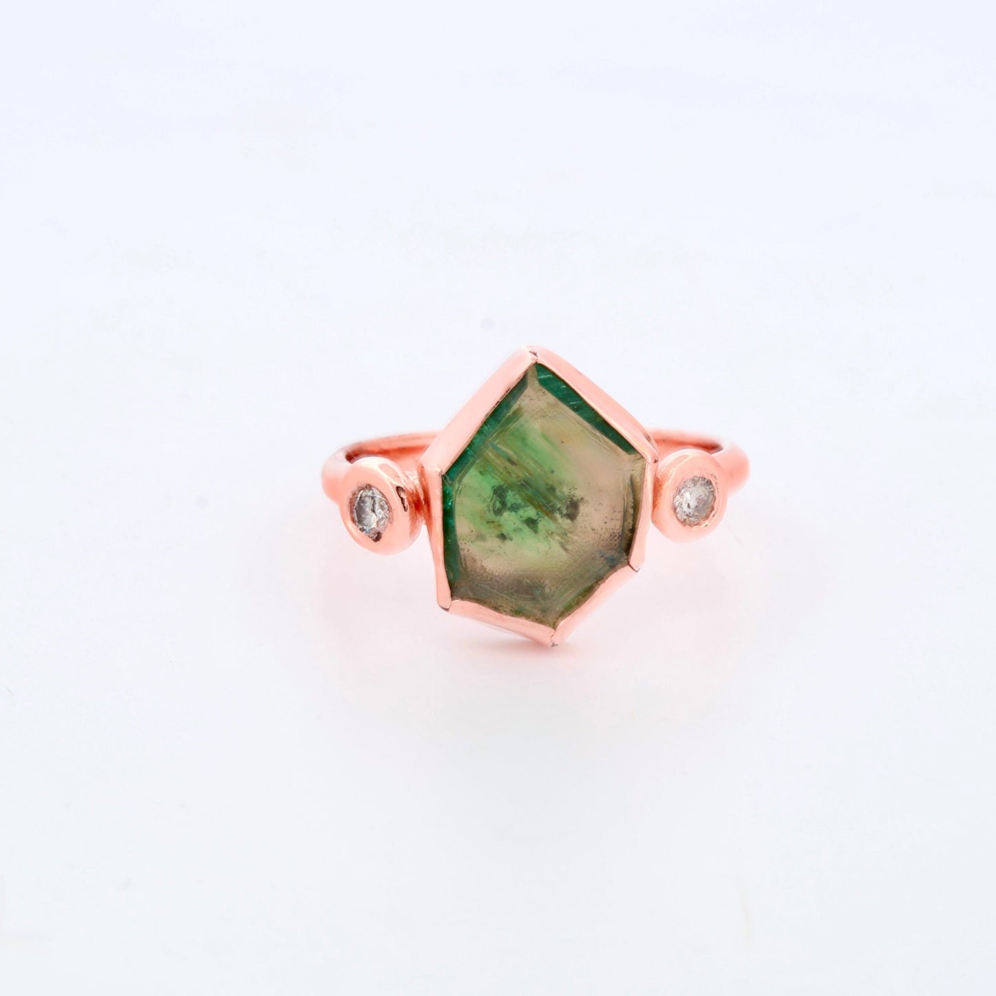 Hexagon Emerald and Diamond Rose Gold Ring