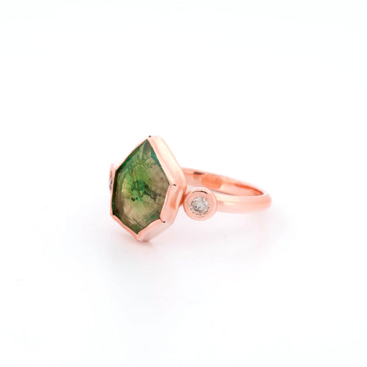 Hexagon Emerald & Diamond Rose Gold Ring