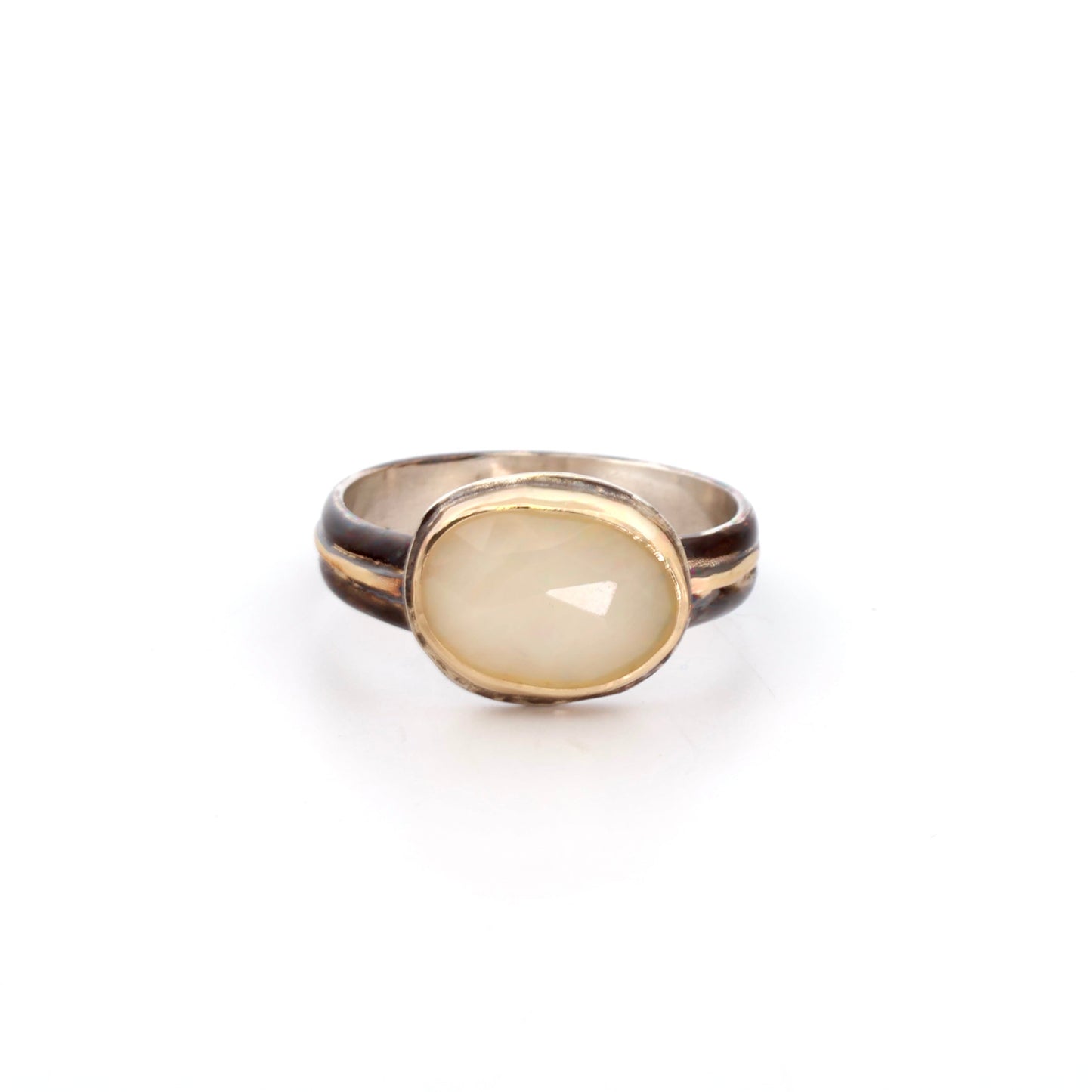 Rainbow White Opal Black and Gold Ring