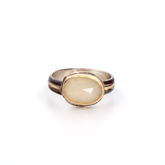 Rainbow White Opal Black and Gold Ring