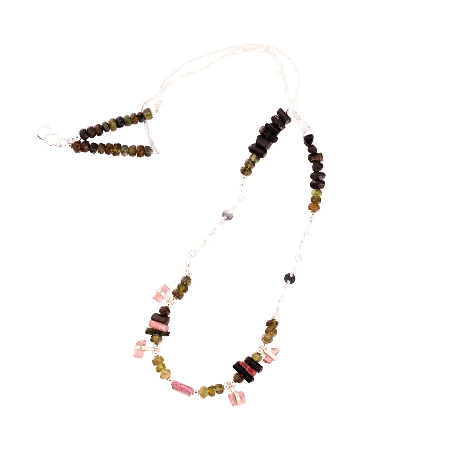 Raw Olive and Pink Tourmaline and Silver Beaded Necklace