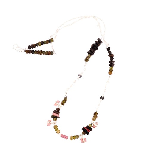 Raw Olive, Pink Tourmaline & Silver Beaded Necklace