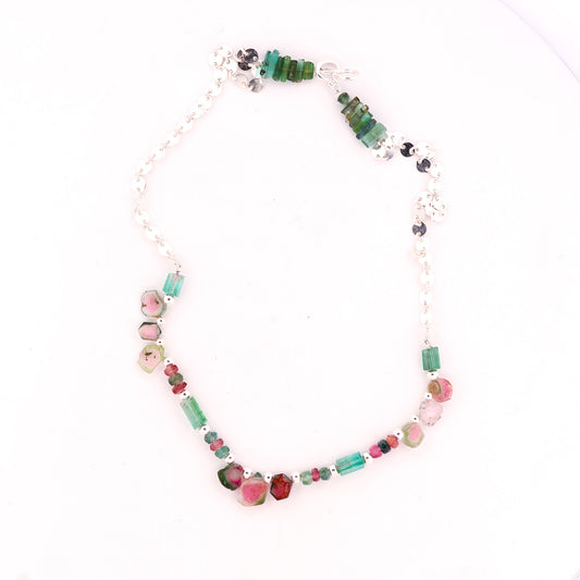 Raw Tourmaline & Silver Disc Chain Necklace