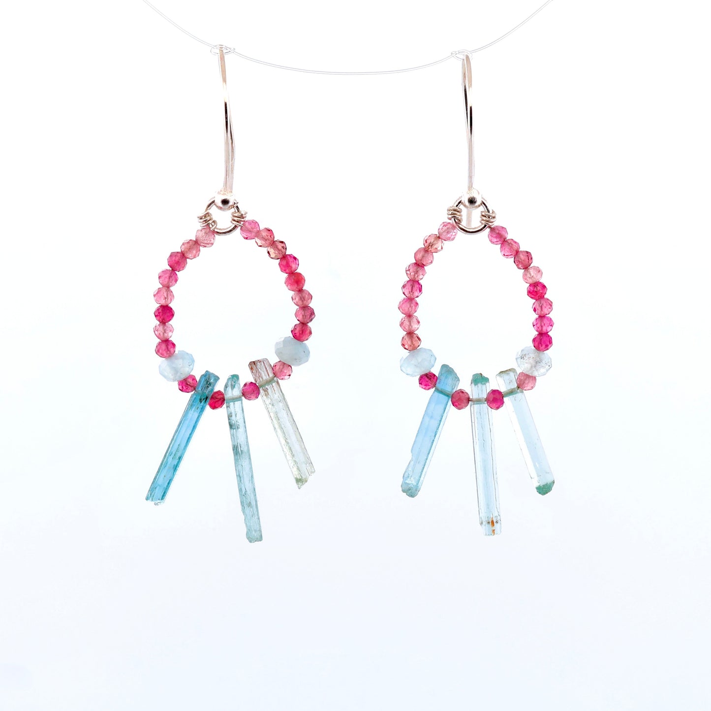 Raw Aquamarine Crystal & Pink Tourmaline Earrings