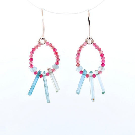 Raw Aquamarine Crystal & Pink Tourmaline Earrings