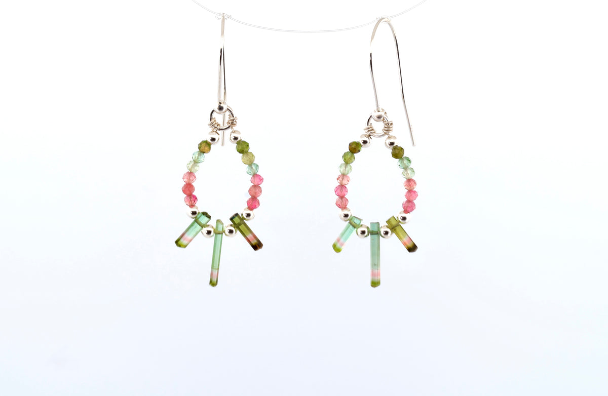 Raw watermelon tourmaline and sterling silver drop earrings, small